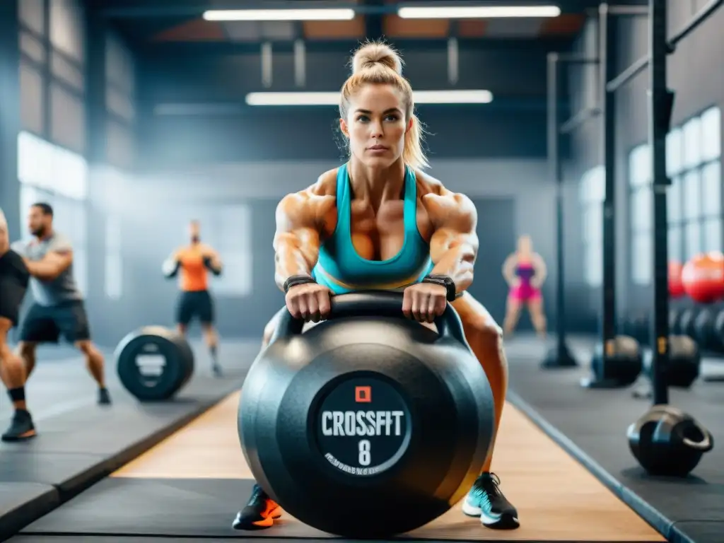 Un vibrante ambiente de gimnasio en plena sesión de CrossFit, con atletas diversos y determinados en plena acción