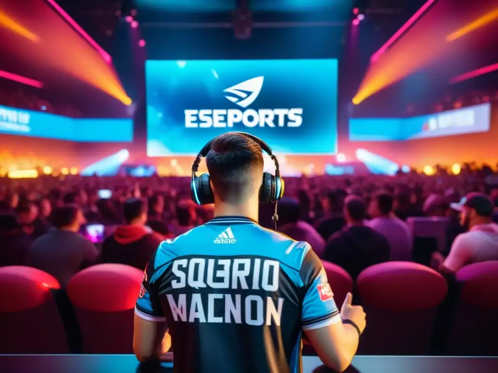 Vibrante arena de eSports con equipos compitiendo en escena, fans entusiastas y luces dinámicas