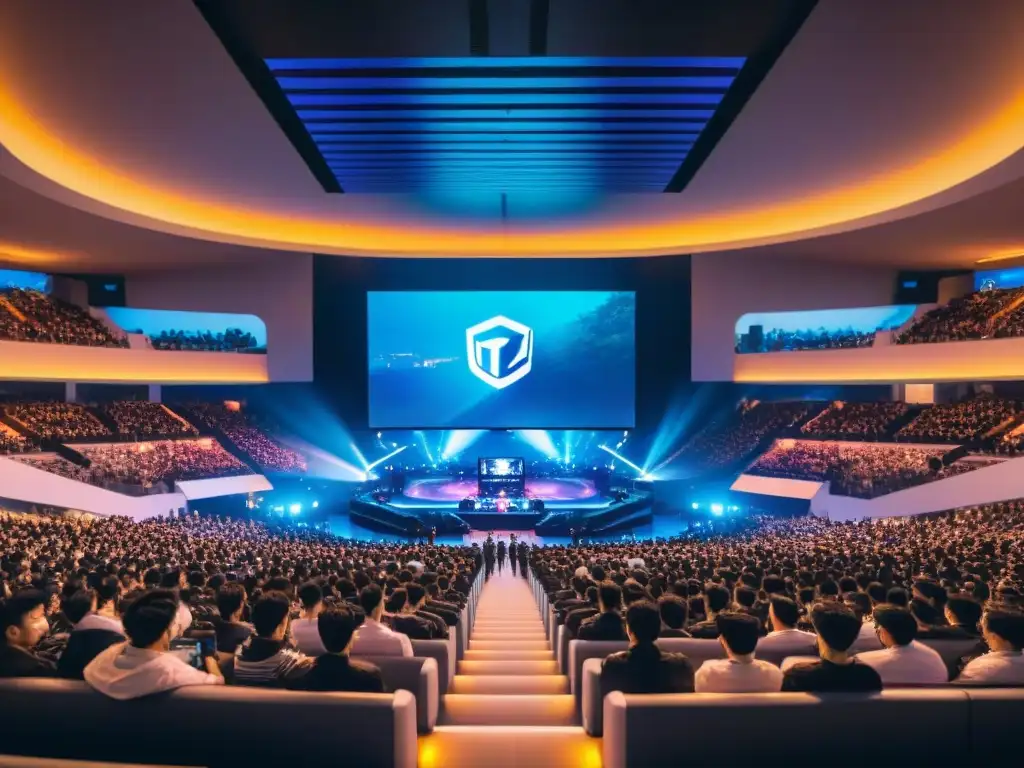 Vibrante arena de eSports en Tokio, Japón: tecnología y tradición se fusionan en una escena futurista llena de emoción y pasión de los fans