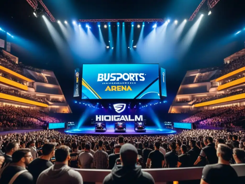 Vibrante arena de eSports con fans entusiastas y patrocinadores, reflejando la evolución de los eSports patrocinadores