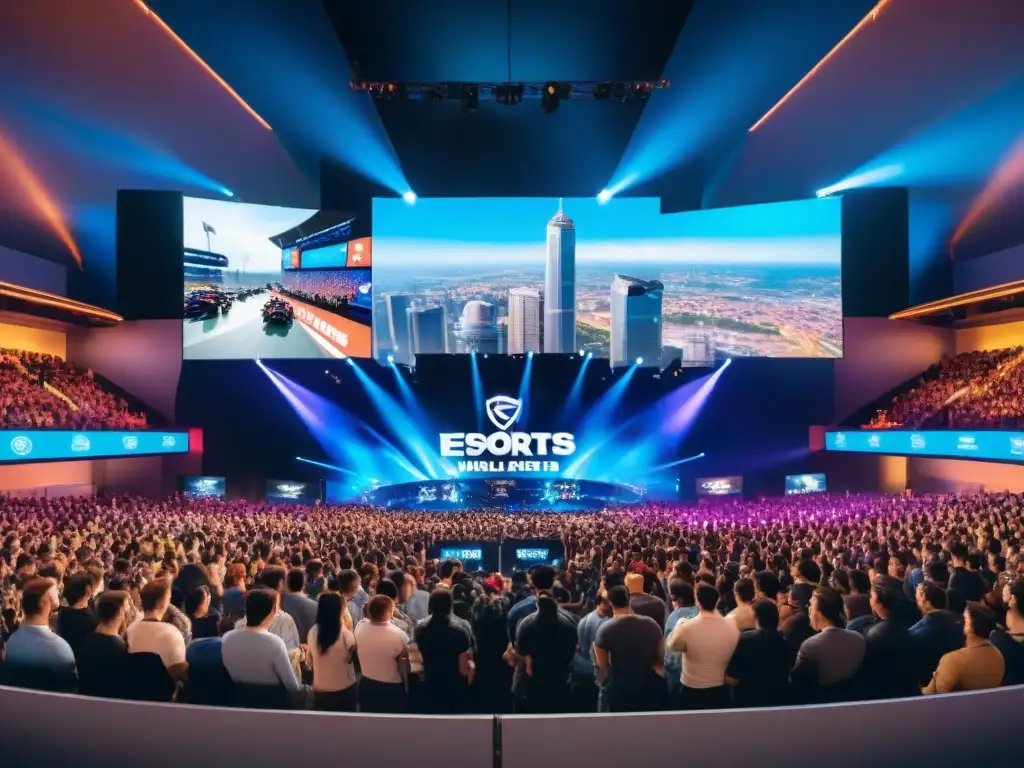 Vibrante arena de eSports con impacto ambiental en gran evento, fans entusiastas y acción intensa en pantallas LED