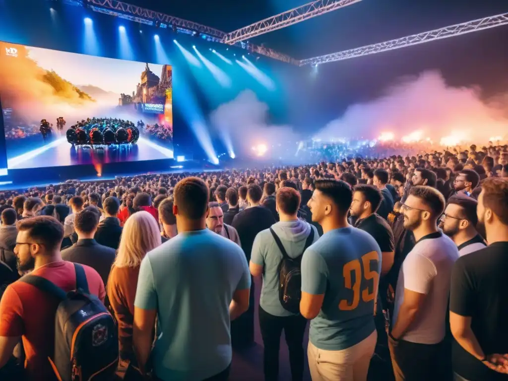 Vibrante arena de eSports con impacto positivo en comunidades, diversa audiencia animada y energía contagiosa