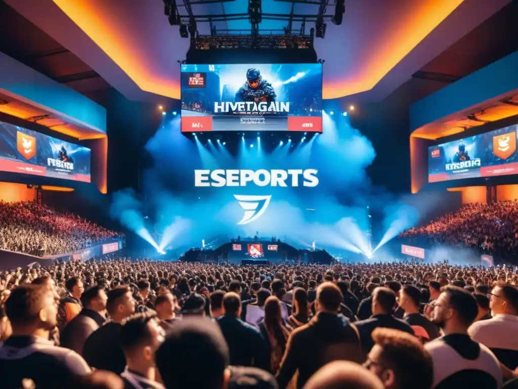 Vibrante arena de eSports llena de fans entusiastas y jugadores concentrados, reflejando la evolución de los eSports en cultura