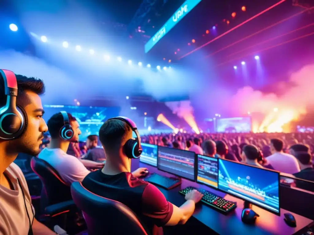 Vibrante arena de eSports postpandemia, con fans apasionados, jugadores profesionales y luces neón