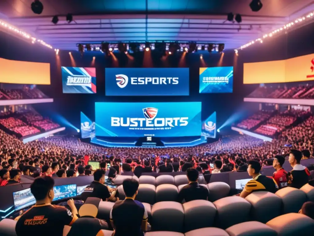 Vibrante arena de esports en el Sudeste Asiático: fans entusiastas, banderas regionales, gamers profesionales y equipo de vanguardia