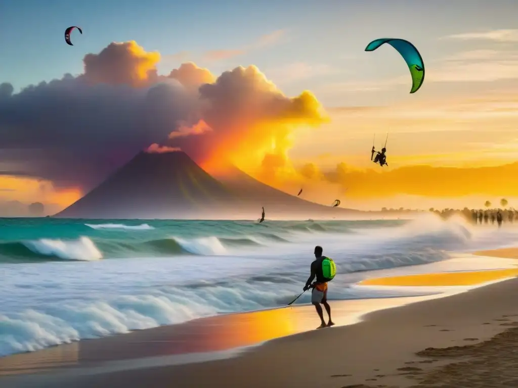 Un vibrante atardecer en una playa de América Latina, donde la comunidad disfruta de la historia del kitesurf en América Latina