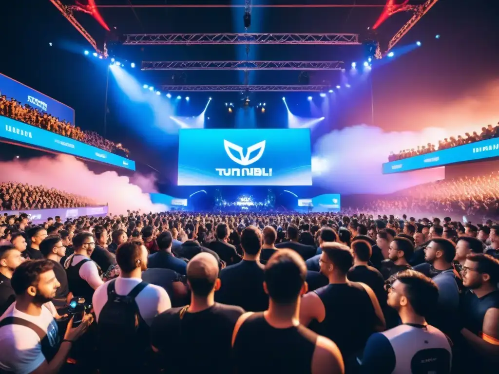 La vibrante atmósfera de un estadio lleno de eSports, con una multitud diversa y concentrada en la competencia