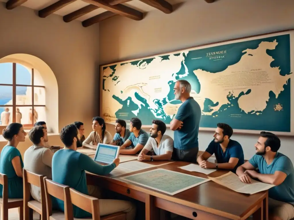 Vibrante aula griega con estudiantes de todas las edades y orígenes escuchando atentos al maestro, rodeados de artefactos históricos