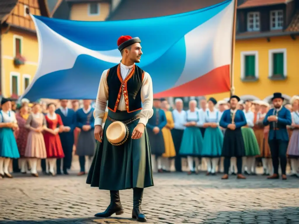 Vibrante baile folclórico europeo capturando la relación entre danza y deportes en un día festivo