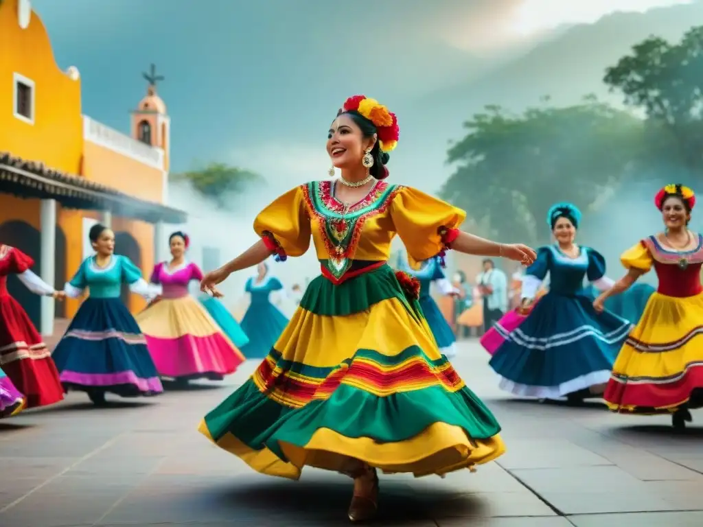 Vibrante baile folclórico mexicano en plaza colorida, con danzantes expertos y público sonriente