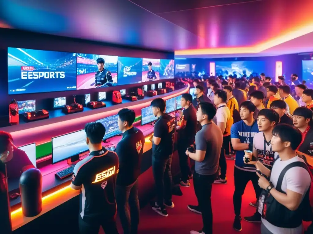 Vibrante bar de eSports en Seúl, con gamers entusiastas y multitud diversa