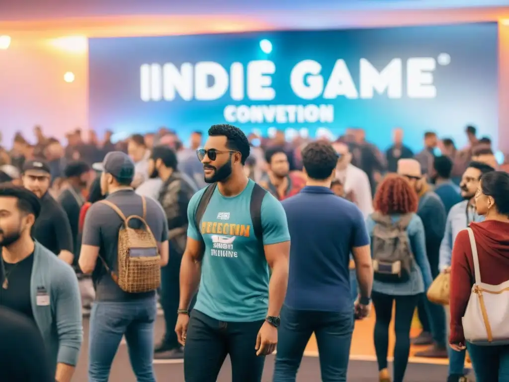 Un vibrante y bullicioso escenario de convención de juegos indie, con asistentes diversos explorando innovadoras exhibiciones de juegos coloridos