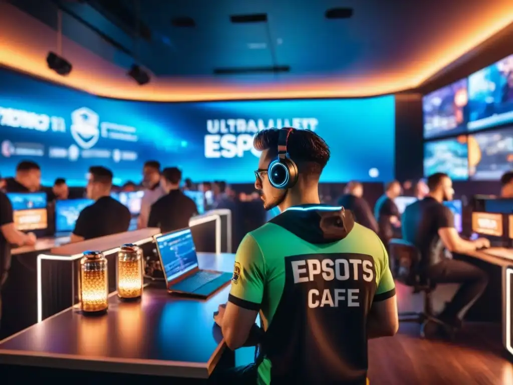 Vibrante café eSports en Norteamérica con jugadores concentrados, PCs de alta gama y decoración futurista