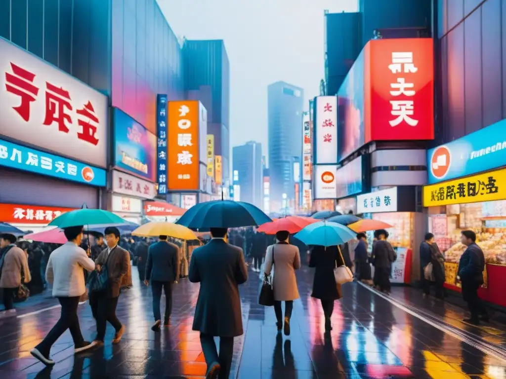 Vibrante calle de Akihabara con juegos de simulación asiáticos, luces de neón y paraguas coloridos bajo la lluvia en Tokio