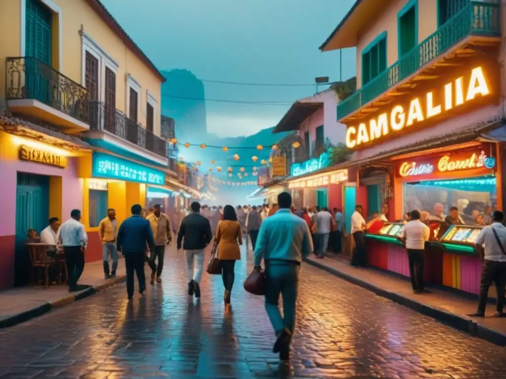 Vibrante calle de América Latina con juegos de azar, luces neón y diversidad cultural