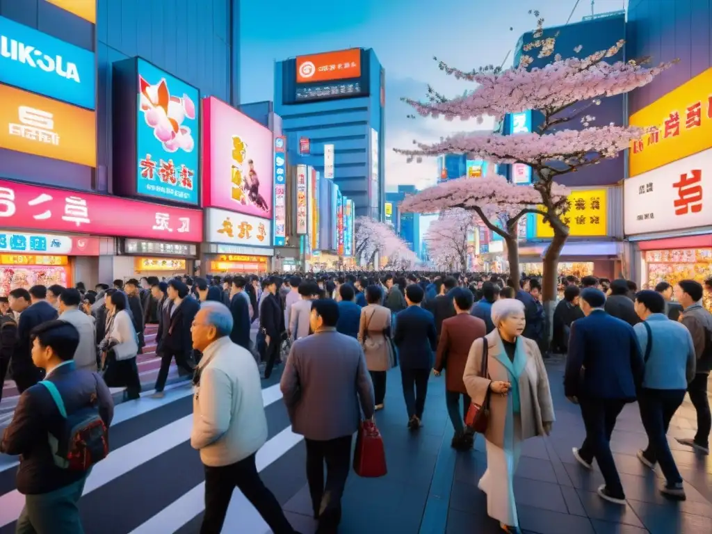 Vibrante calle de Akihabara en Tokio, con luces neón, gente jugando videojuegos y árboles de cerezo