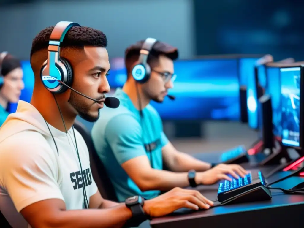 Un vibrante campeonato de eSports con jugadores profesionales de diversas etnias y géneros, en plena concentración