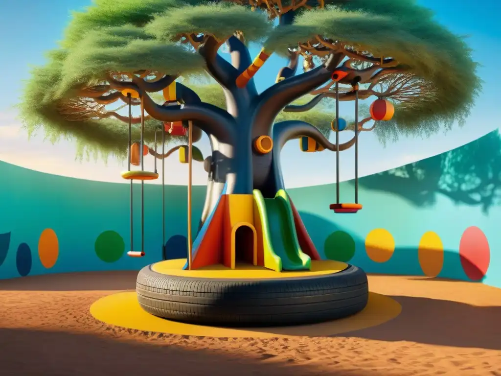 Un vibrante campo de juego en África con diseño creativo y niños felices bajo un baobab