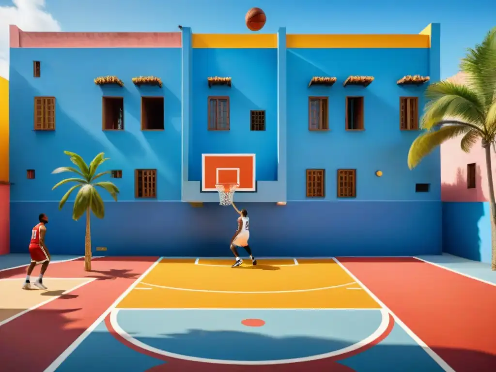 Vibrante cancha de baloncesto en ciudad latinoamericana, jugadores diversos disfrutan de un partido amistoso