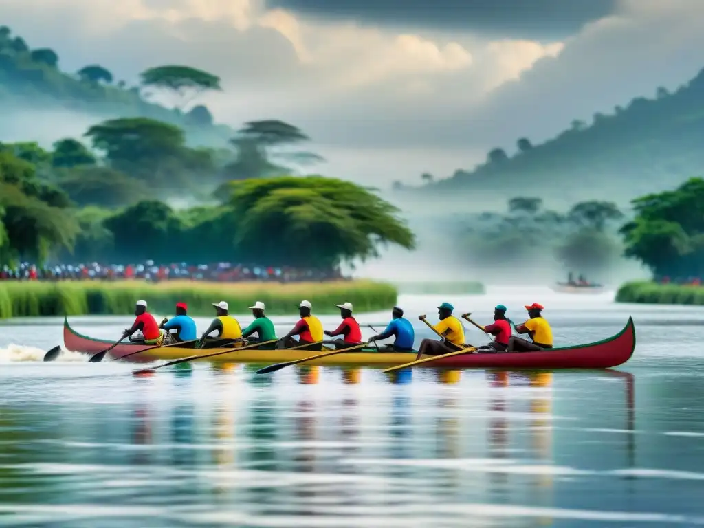 Una vibrante carrera de canoas tradicionales en África, con canoas detalladas y remeros coloridos en un río sinuoso