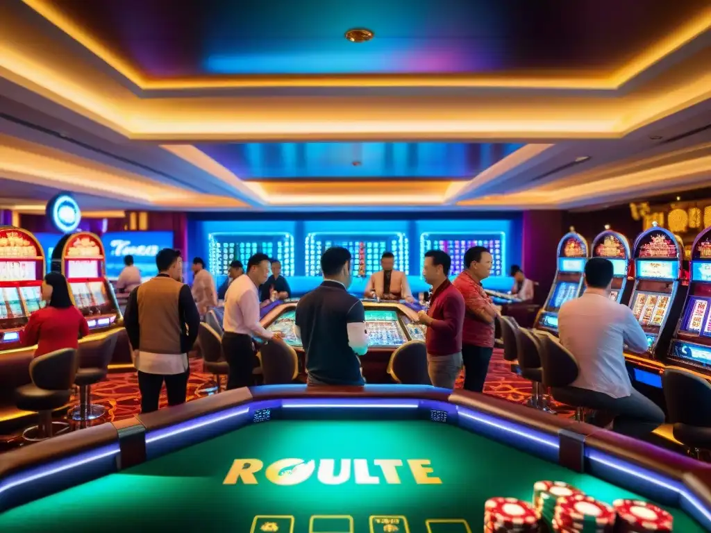 Vibrante casino en Macao, con jugadores inmersos en juegos de apuestas