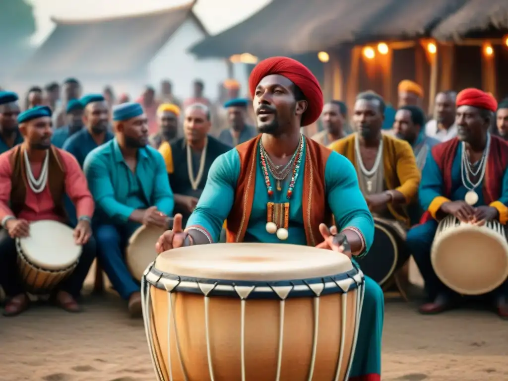 Vibrante círculo de tambores en plaza con músicos y público de todas las edades, mostrando la influencia de juegos tradicionales en música