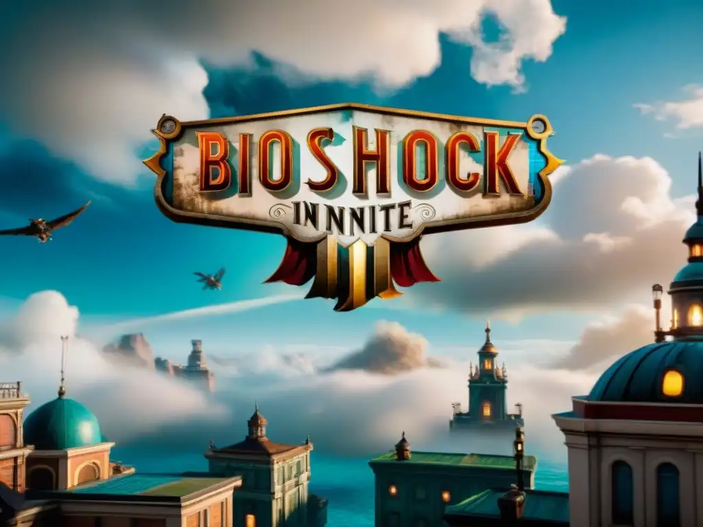 Vibrante ciudad flotante de Columbia en 'Bioshock Infinite', con arquitectura detallada y elementos steampunk