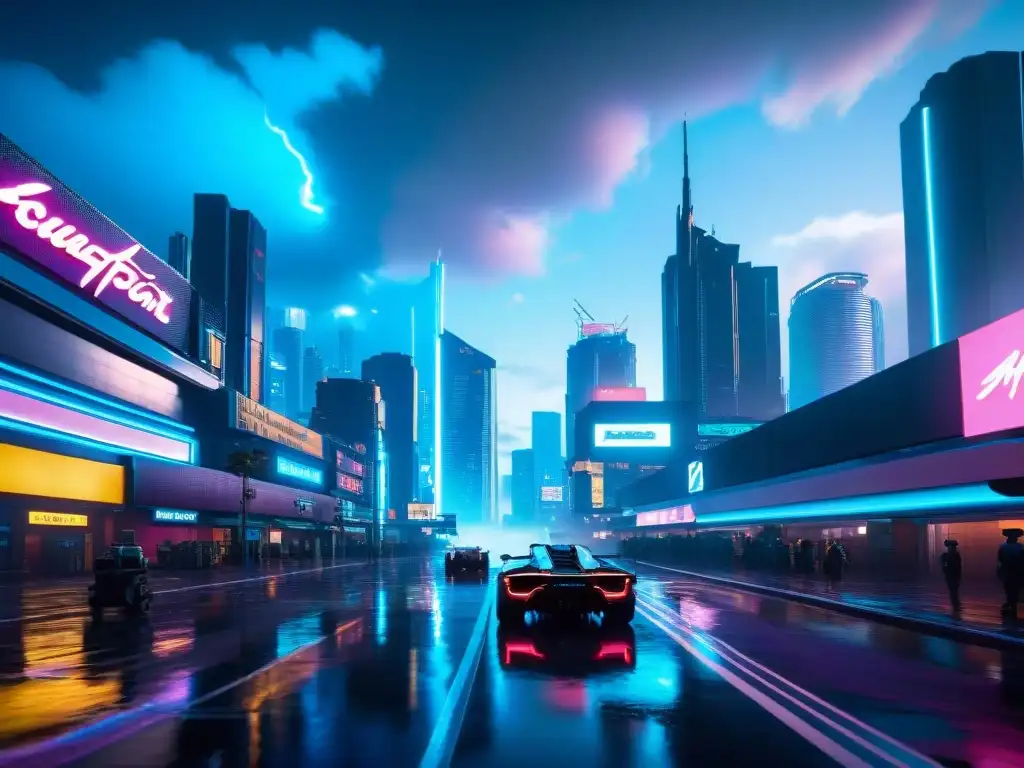 Vibrante ciudad futurista de Cyberpunk 2077 con luces de neón, rascacielos y coches voladores