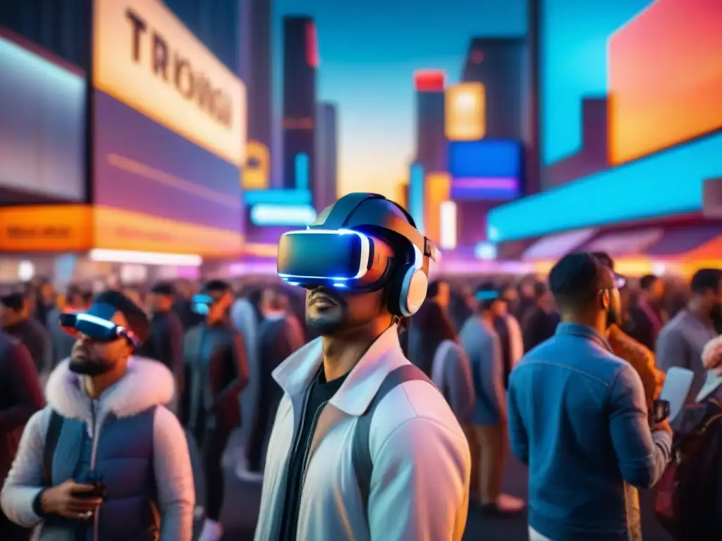 Vibrante ciudad futurista con personas usando visores de realidad virtual, fusionando tecnología y vida cotidiana al anochecer