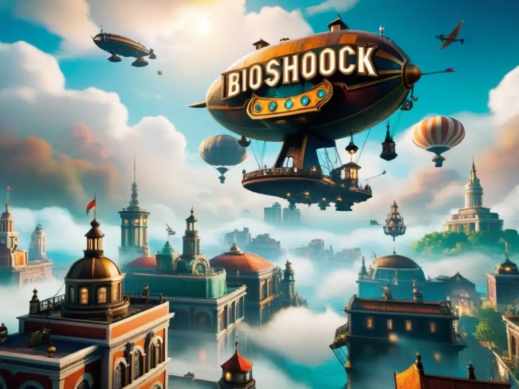 Vibrante ciudad steampunk de Columbia de 'Bioshock Infinite' con habitantes y autómatas