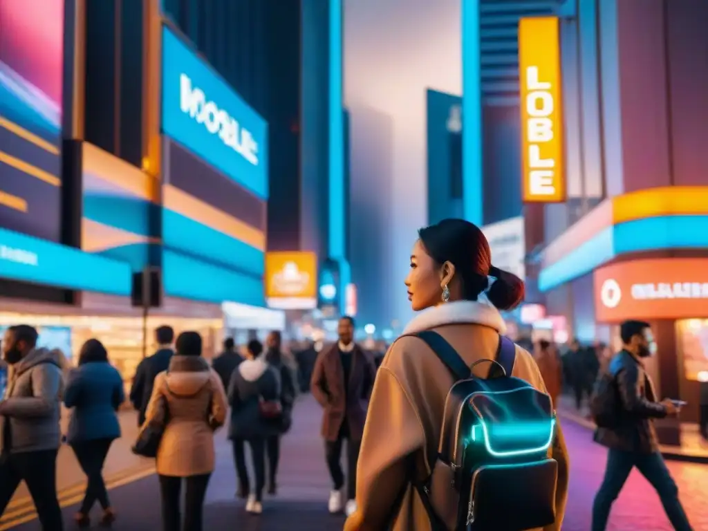 Vibrante ciudad nocturna iluminada por luces de neón, reflejando la evolución de los juegos móviles en un mundo interconectado