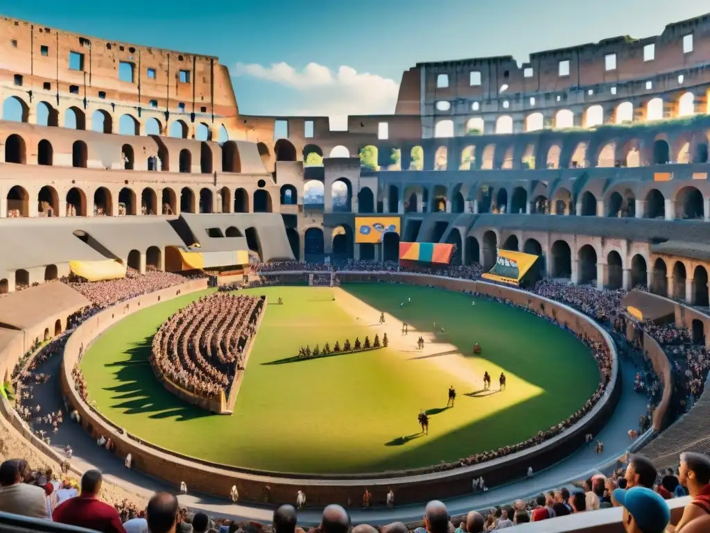 Vibrante coliseo romano antiguo con juegos y deportes, evocando historia y cultura