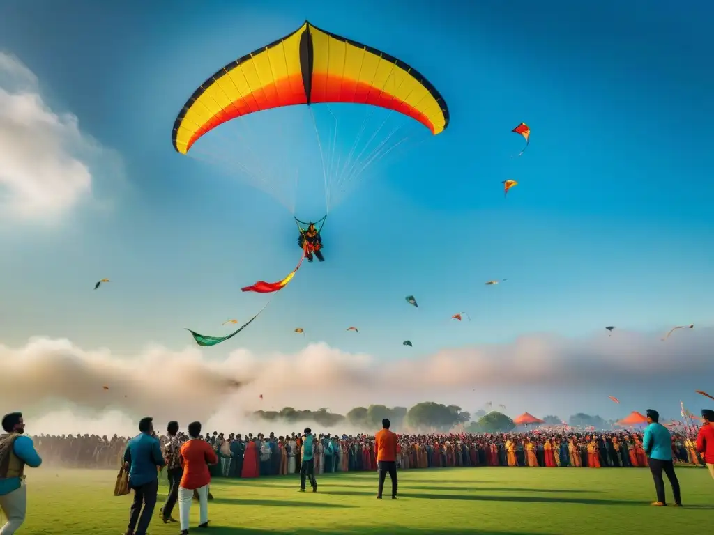 Vibrante competencia de cometas en Asia con kites detallados en un día soleado y cielo azul