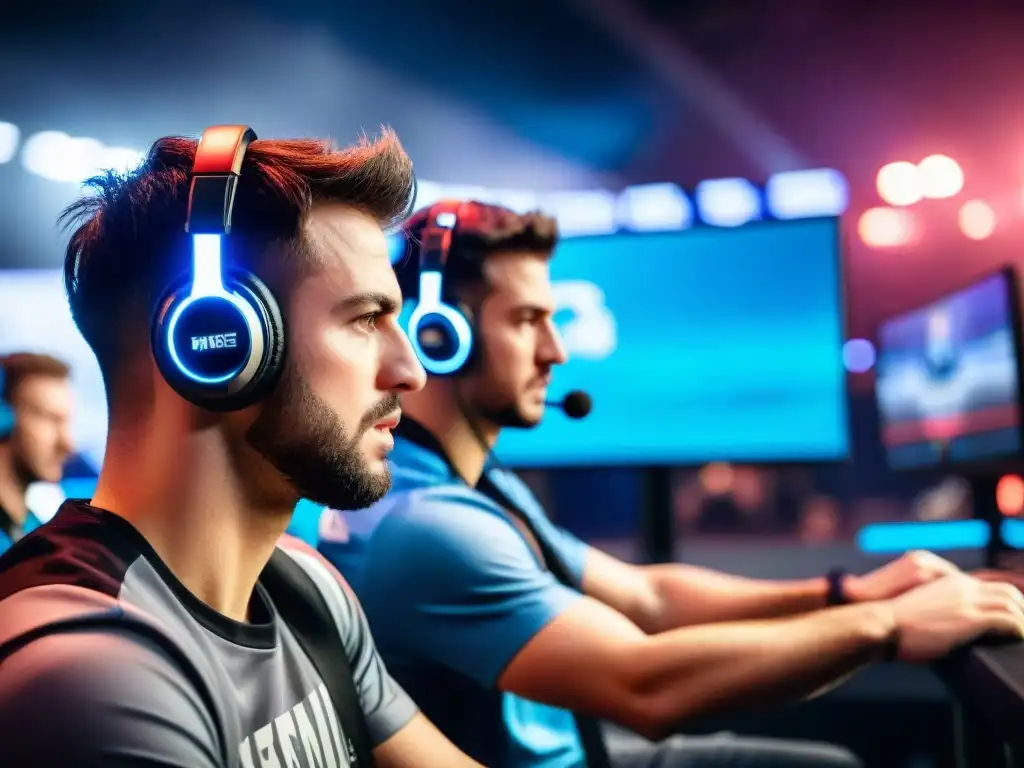 Vibrante competencia de eSports, jugadores concentrados rodeados de multitud emocionada en una arena