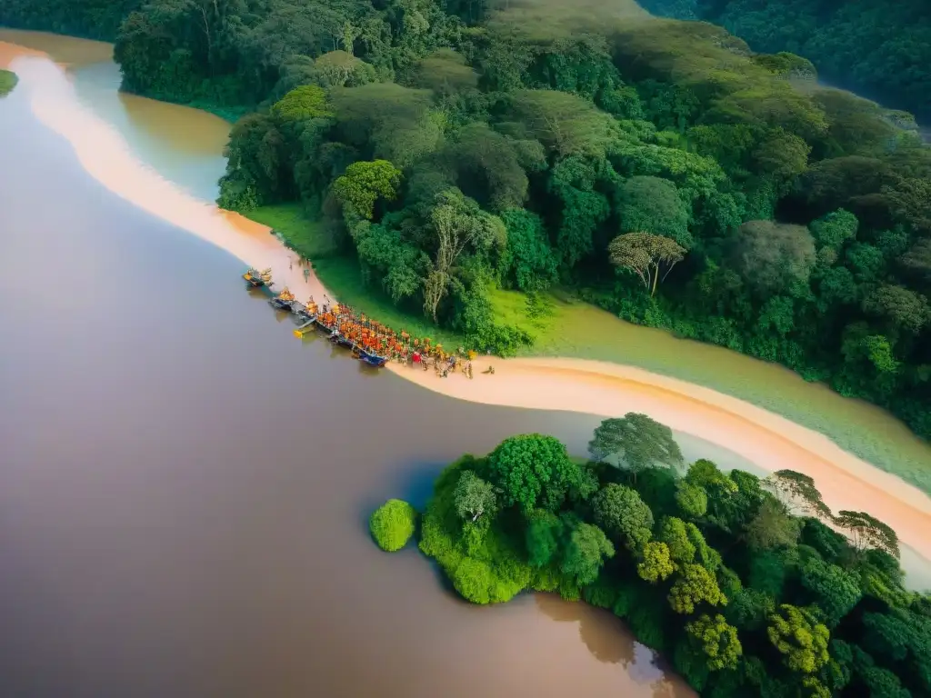 Vibrante comunidad indígena en la Amazonia, con juegos tradicionales y la belleza de la naturaleza