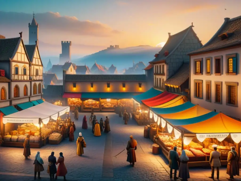 Un vibrante contraste entre un bullicioso mercado medieval y una tienda virtual colorida, en un escenario de ciudad digital al atardecer