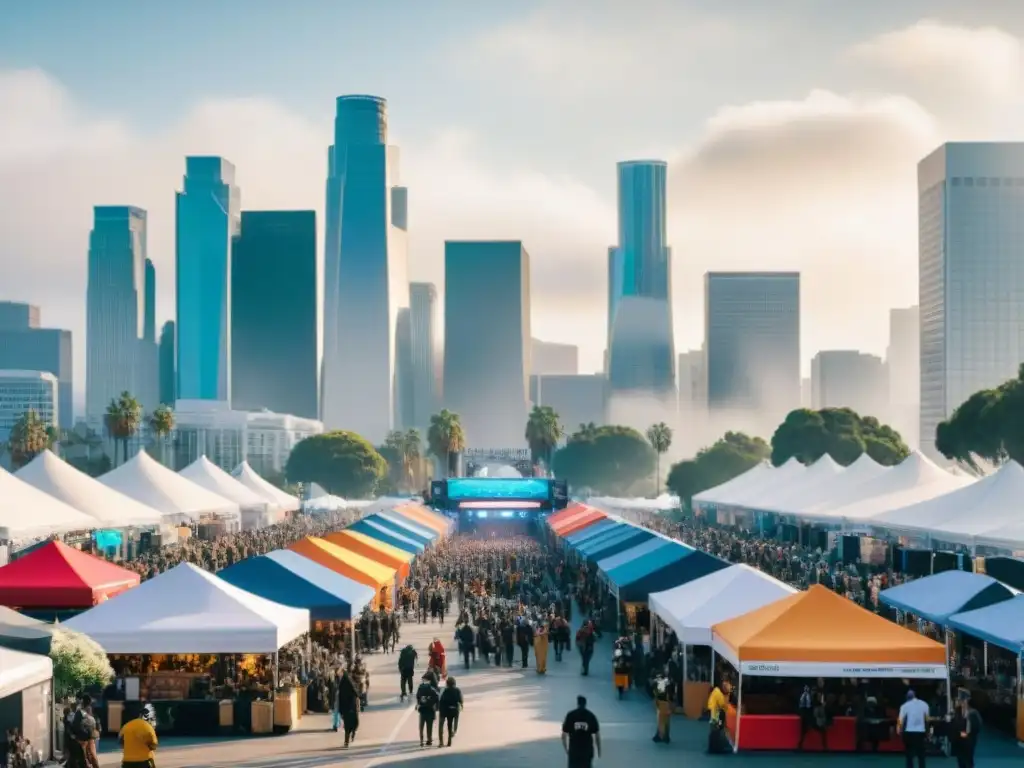 Vibrante convención de videojuegos en Los Ángeles, con cosplayers, tecnología y emoción, reflejando la historia de los juegos en la ciudad