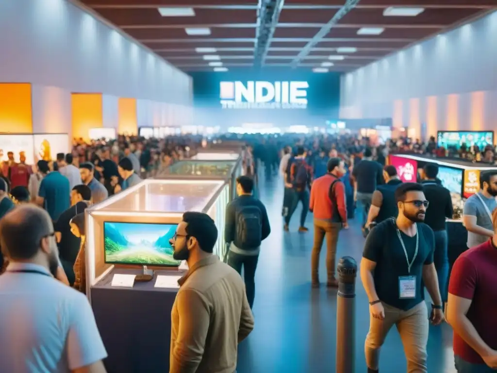 Vibrante convención de videojuegos indie, gente de todas las edades explorando stands coloridos