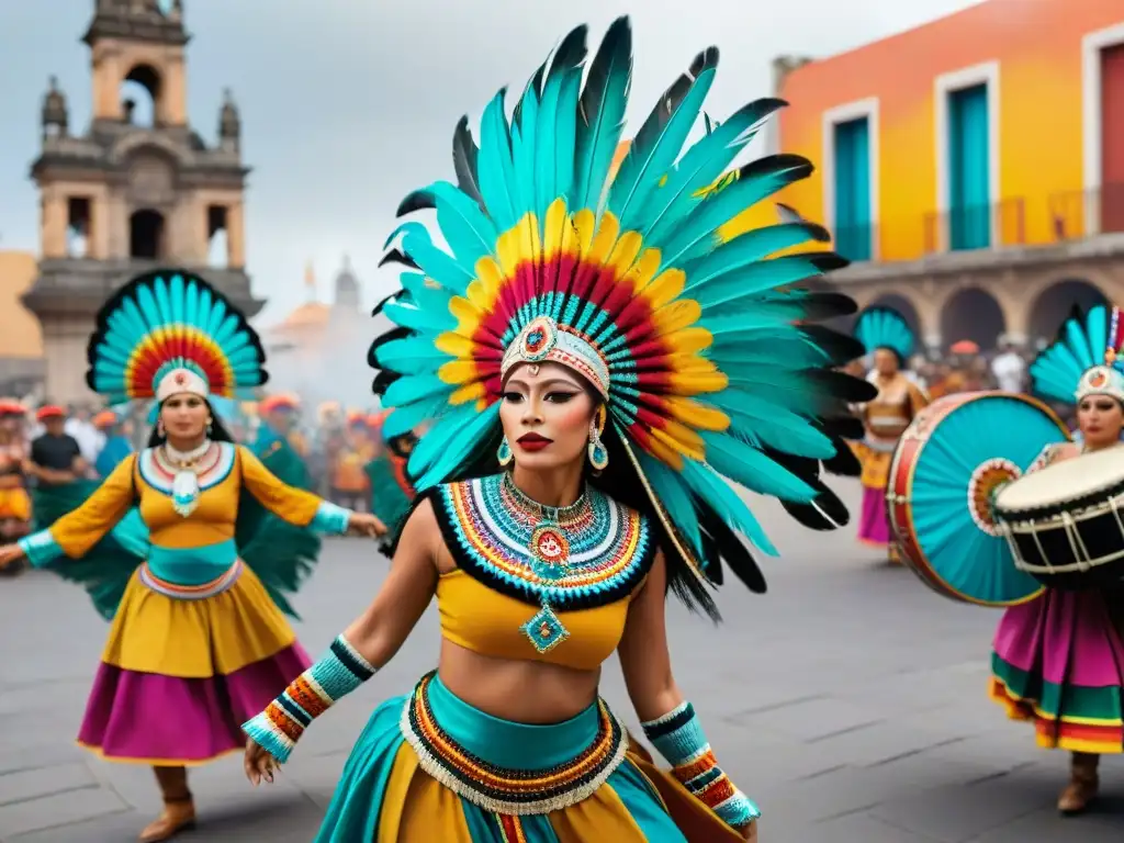 Una vibrante danza Azteca en el Zócalo de la Ciudad de México durante un festival cultural