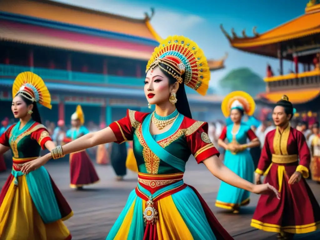 Representación vibrante de danza tradicional en festival colorido del Sudeste Asiático