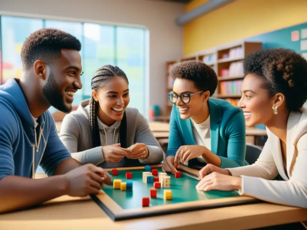 Un vibrante debate entre alumnos de diversas edades, jugando juegos educativos en un aula soleada