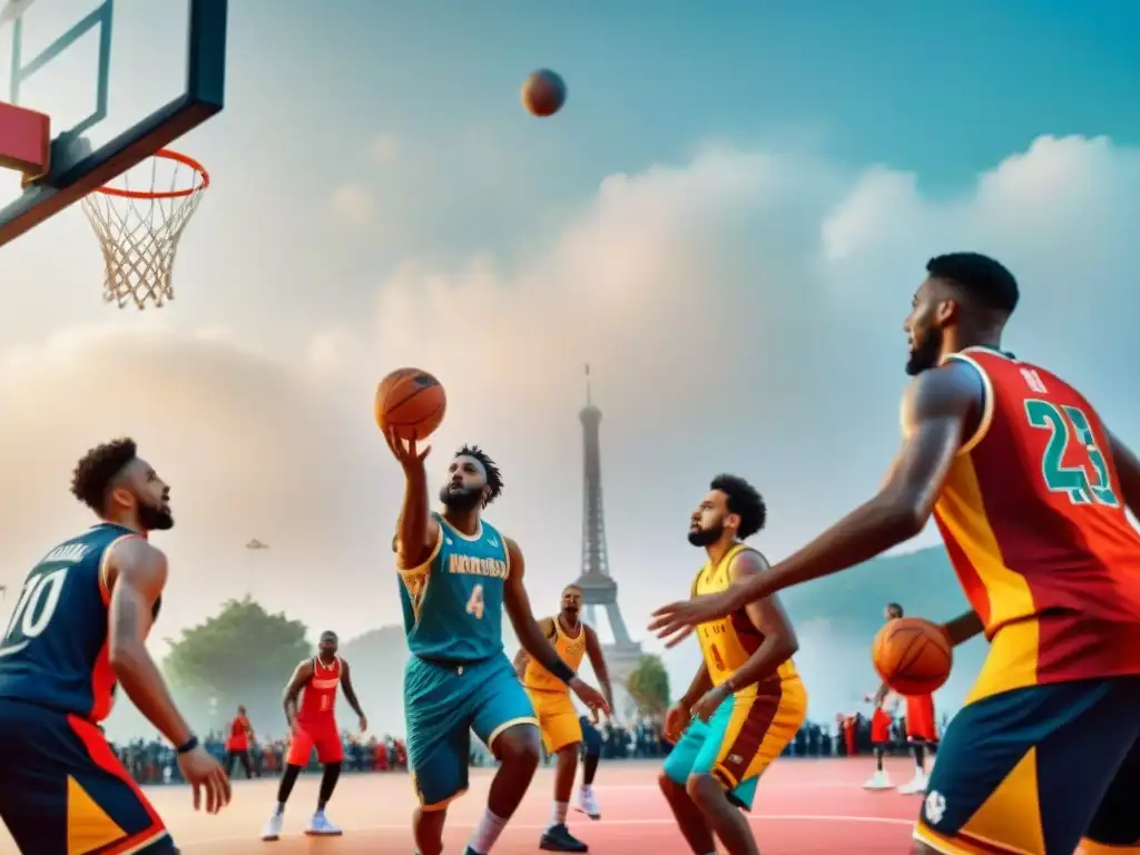 Un vibrante encuentro de culturas jugando baloncesto en una plaza, uniendo historias del baloncesto en culturas diversas