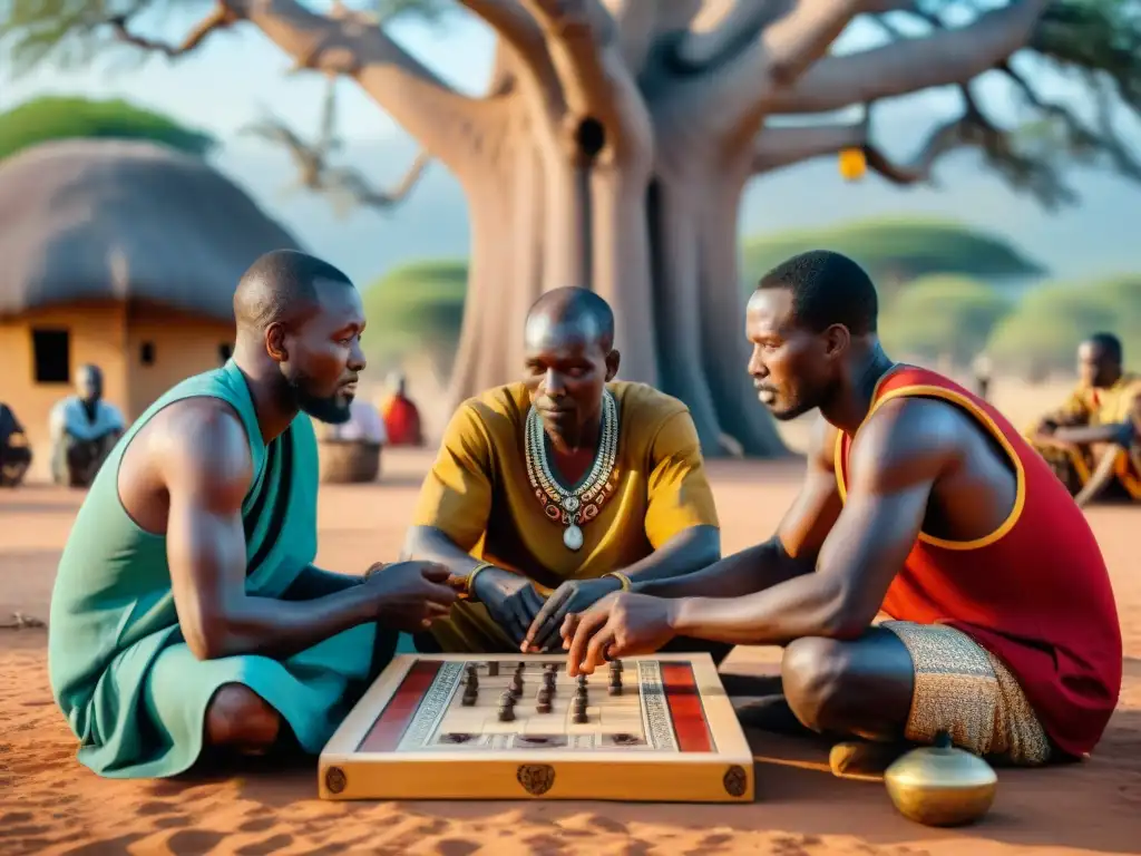 Un vibrante encuentro de juegos tradicionales africanos bajo un baobab, reflejando comunidad, cultura y espiritualidad