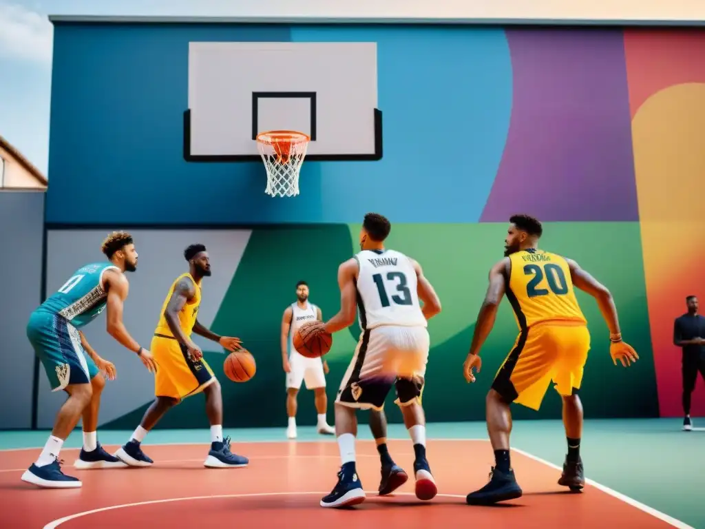 Un vibrante encuentro de jugadores de baloncesto europeos practicando juntos en una cancha urbana, fusionando estilos y culturas