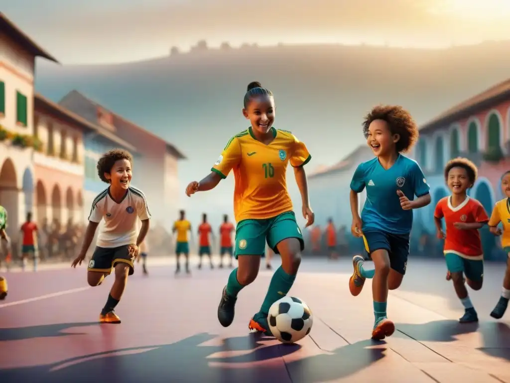 Un vibrante encuentro de niños de diversas culturas jugando fútbol en una plaza de ciudad al atardecer, mostrando la unión a través del deporte