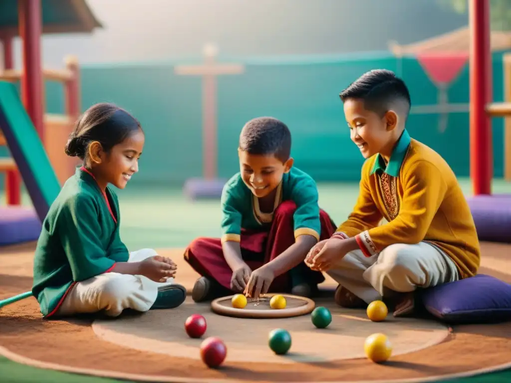 Un vibrante encuentro de niños de diversas culturas jugando juegos tradicionales, mostrando la belleza de la diversidad cultural