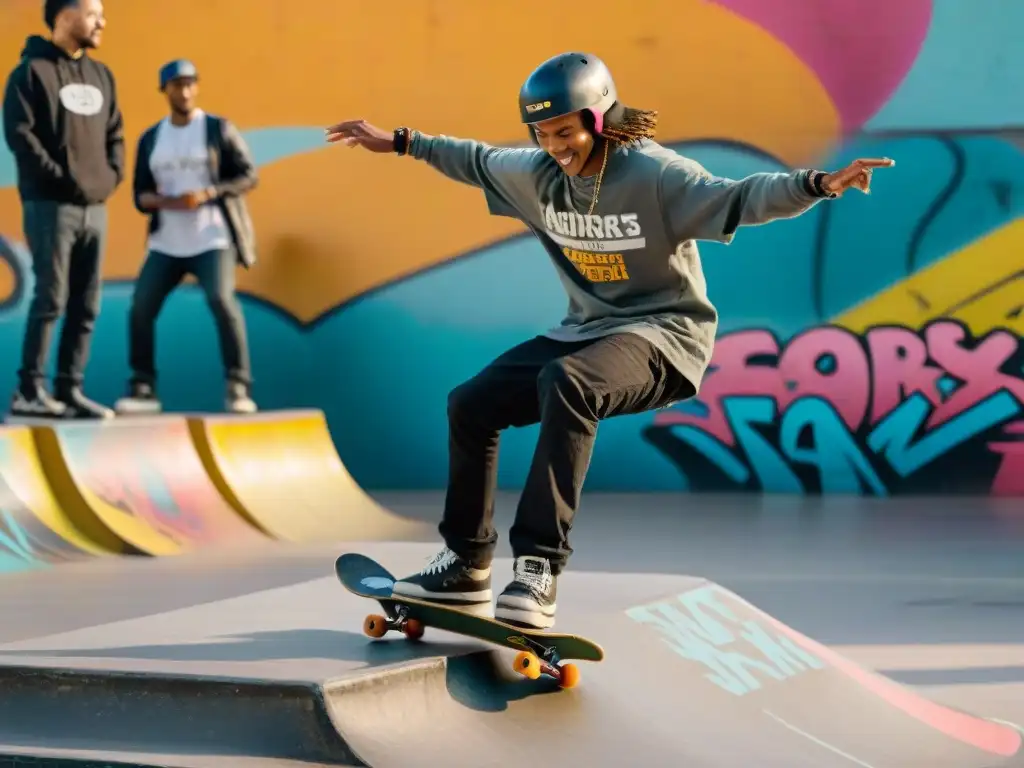 Un vibrante encuentro de skaters de diversas edades y orígenes en un parque lleno de graffiti, reflejando la historia del skateboarding en culturas