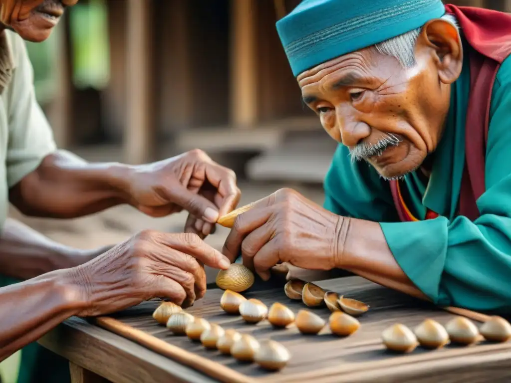 Vibrante escena de ancianos indonesios jugando Dakon, con historia y evolución del Dakon