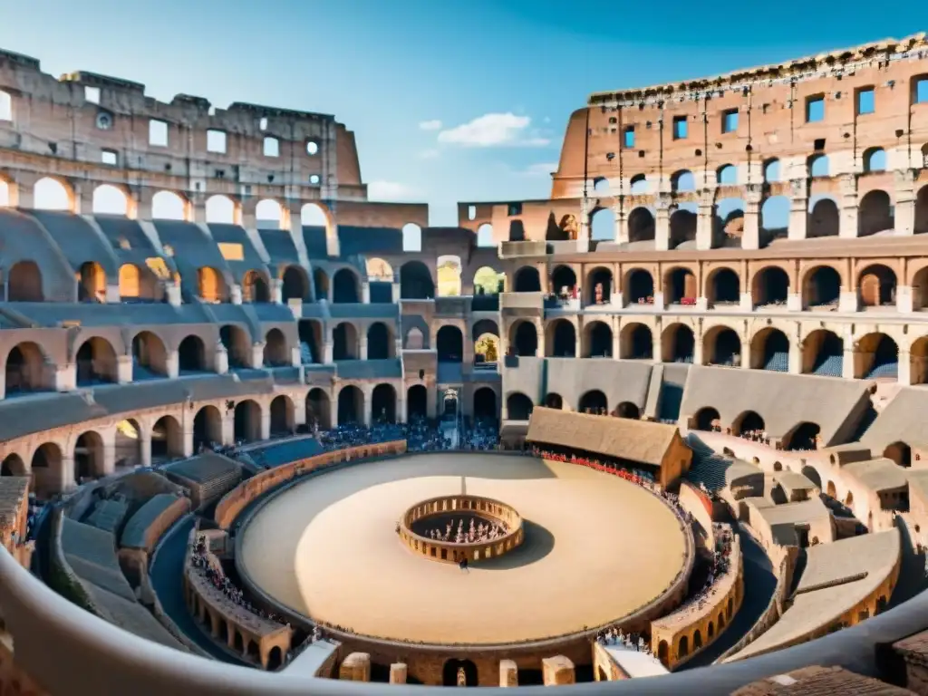 Vibrante escena de los Juegos calle Antigua Roma en el Coliseo: gladiadores, mercaderes y espectadores bajo el cielo azul