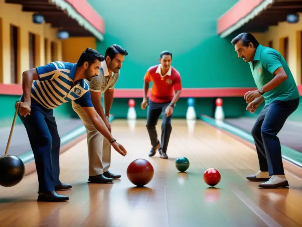 Vibrante escena de bolos en plaza latinoamericana, reflejando la historia del juego de bolos con detalle y emoción